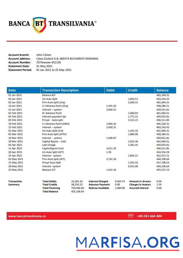 Printable Romania Banca Transilvania bank statement excel real example
